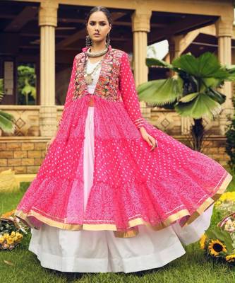 pink cotton-poly plain bandhej circular lehenga Lehenga Choli for Navratri- free size 1