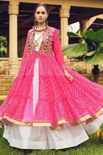 pink cotton-poly plain bandhej circular lehenga Lehenga Choli for Navratri- free size