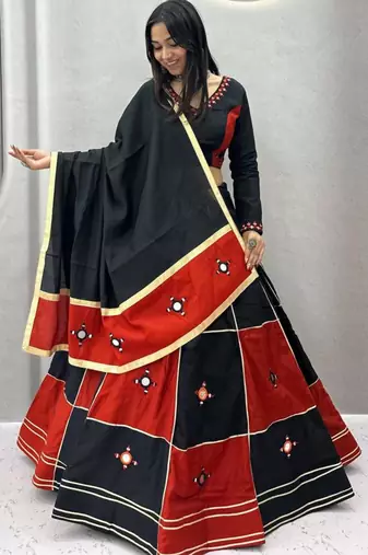 black cotton-poly embroidered mirror work circular lehenga Lehenga Choli for Navratri