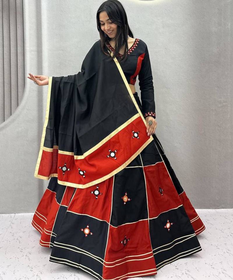 black cotton-poly embroidered mirror work circular lehenga Lehenga Choli for Navratri