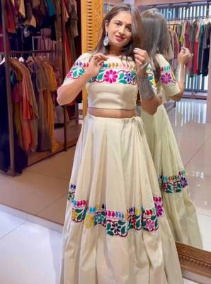 cream cotton-poly embroidered mirror work circular lehenga Lehenga Choli for Navratri - full stitched free size 2