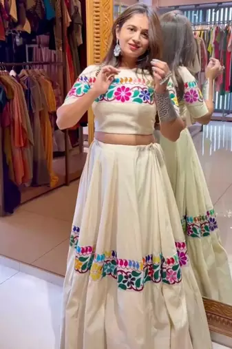 cream cotton-poly embroidered mirror work circular lehenga Lehenga Choli for Navratri - full stitched free size