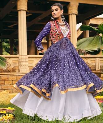 blue cotton-poly plain bandhej circular lehenga Lehenga Choli for Navratri- free size 2