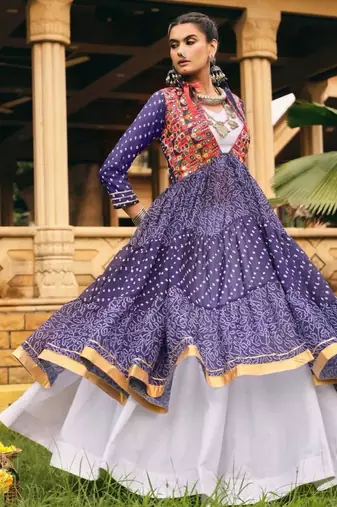blue cotton-poly plain bandhej circular lehenga Lehenga Choli for Navratri- free size