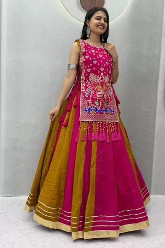 pink silk blend plain thread work circular lehenga Lehenga Choli for Navratri