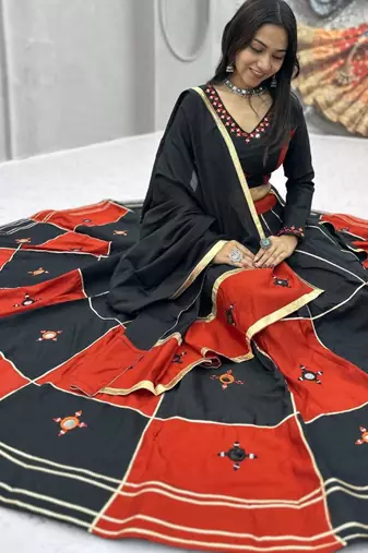 black cotton-poly embroidered mirror work circular lehenga Lehenga Choli for Navratri