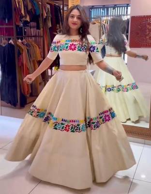 cream cotton-poly embroidered mirror work circular lehenga Lehenga Choli for Navratri - full stitched free size 3