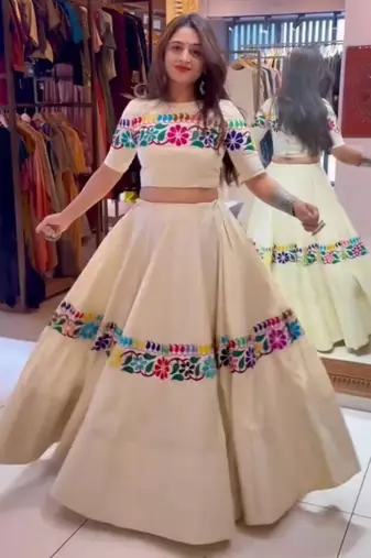 cream cotton-poly embroidered mirror work circular lehenga Lehenga Choli for Navratri - full stitched free size