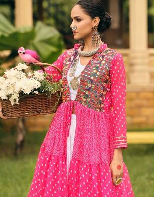 pink cotton-poly plain bandhej circular lehenga Lehenga Choli for Navratri- free size 3