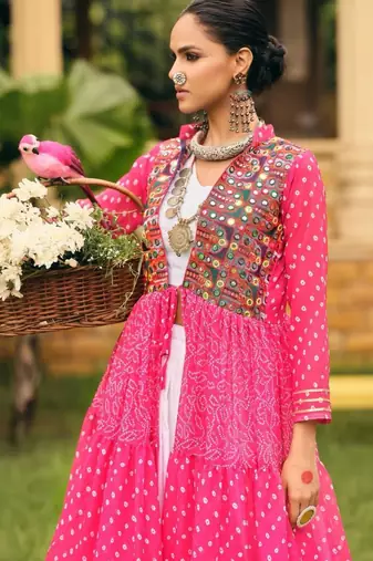 pink cotton-poly plain bandhej circular lehenga Lehenga Choli for Navratri- free size