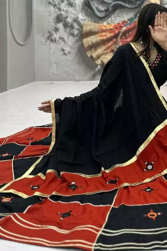 black cotton-poly embroidered mirror work circular lehenga Lehenga Choli for Navratri