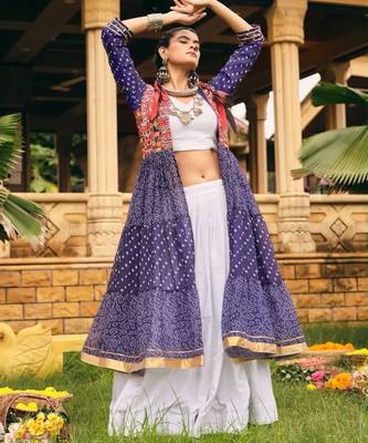 blue cotton-poly plain bandhej circular lehenga Lehenga Choli for Navratri- free size 4
