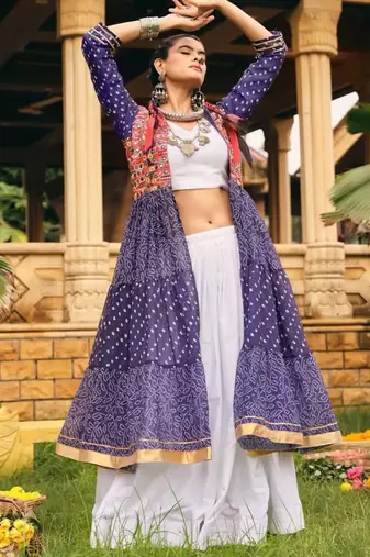 blue cotton-poly plain bandhej circular lehenga Lehenga Choli for Navratri- free size