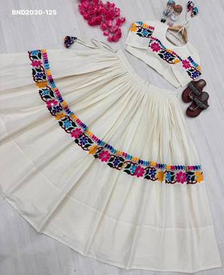 cream cotton-poly embroidered mirror work circular lehenga Lehenga Choli for Navratri - full stitched free size 4