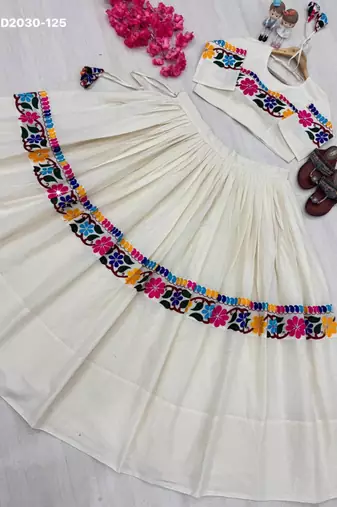 cream cotton-poly embroidered mirror work circular lehenga Lehenga Choli for Navratri - full stitched free size
