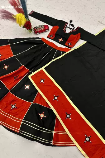 black cotton-poly embroidered mirror work circular lehenga Lehenga Choli for Navratri