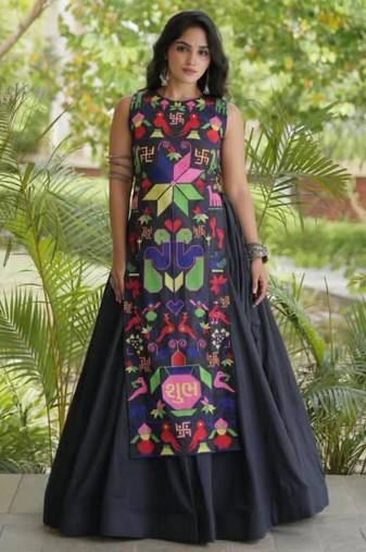 black cotton-poly plain thread work circular lehenga Lehenga Choli for Navratri