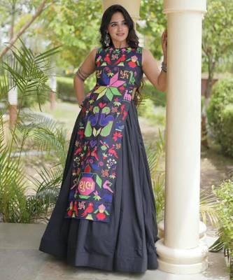 black cotton-poly plain thread work circular lehenga Lehenga Choli for Navratri 2
