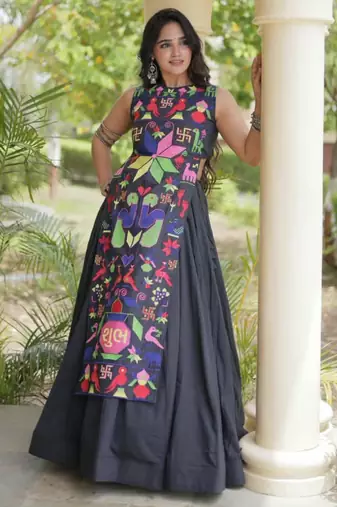 black cotton-poly plain thread work circular lehenga Lehenga Choli for Navratri