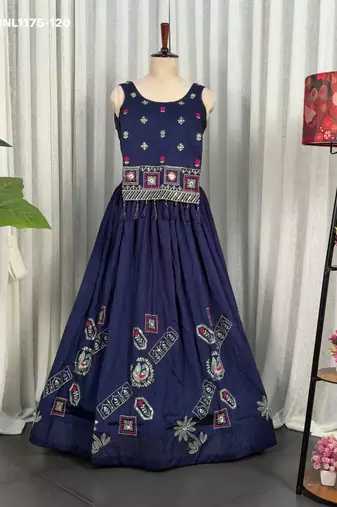 navy blue silk blend embroidered thread work circular lehenga Lehenga Choli for Navratri