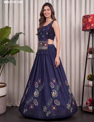 navy blue silk blend embroidered thread work circular lehenga Lehenga Choli for Navratri 4