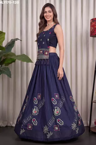 navy blue silk blend embroidered thread work circular lehenga Lehenga Choli for Navratri