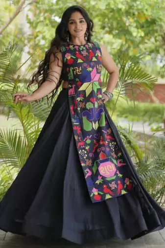 black cotton-poly plain thread work circular lehenga Lehenga Choli for Navratri