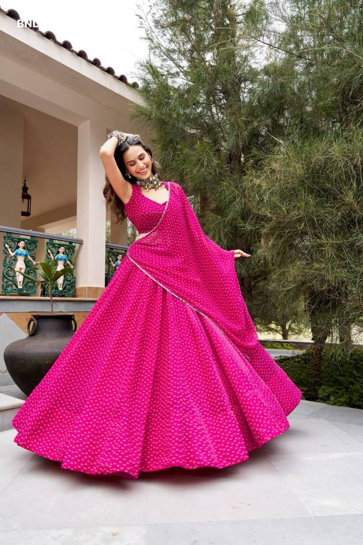 pink georgette printed bandhej circular lehenga Lehenga Choli for Navratri