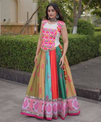 multicolor cotton-poly printed mirror work circular lehenga Lehenga Choli for Navratri 1