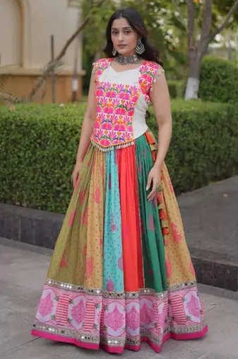 multicolor cotton-poly printed mirror work circular lehenga Lehenga Choli for Navratri