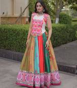multicolor cotton-poly printed mirror work circular lehenga Lehenga Choli for Navratri