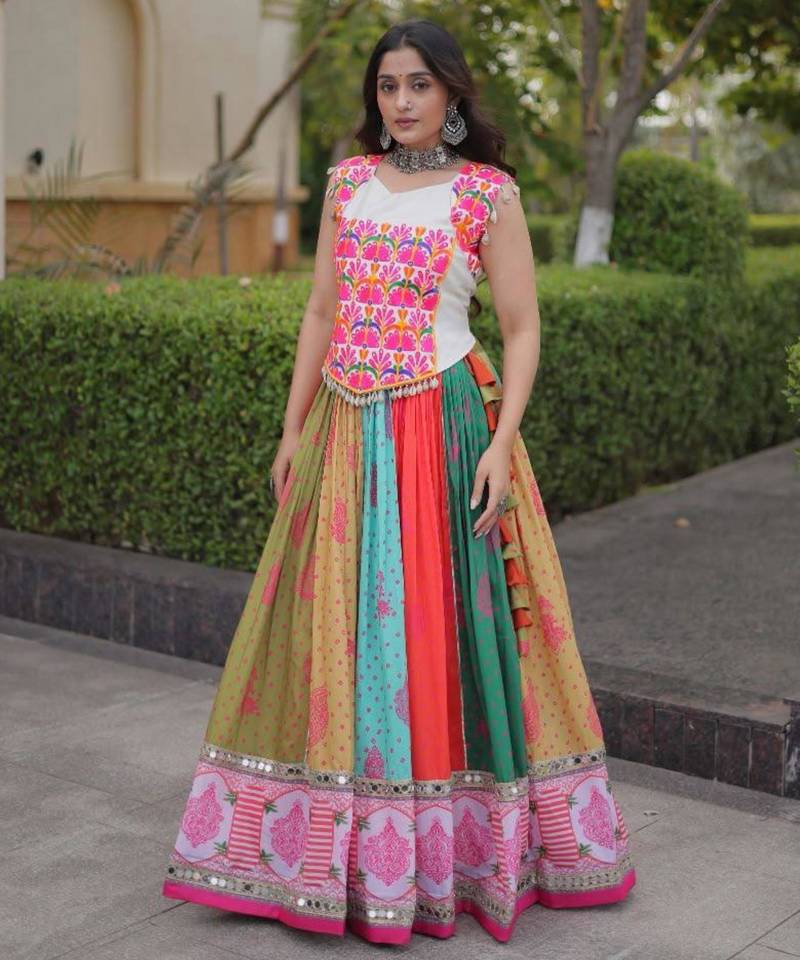 multicolor cotton-poly printed mirror work circular lehenga Lehenga Choli for Navratri