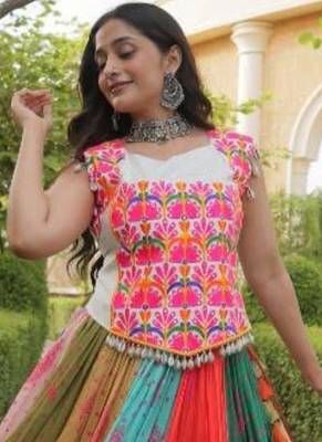 multicolor cotton-poly printed mirror work circular lehenga Lehenga Choli for Navratri 2
