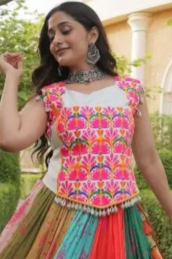 multicolor cotton-poly printed mirror work circular lehenga Lehenga Choli for Navratri