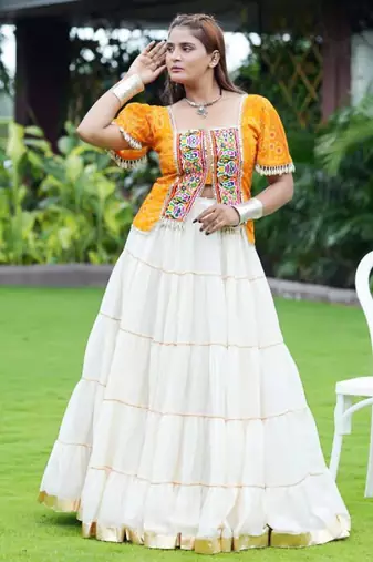 white silk blend plain mirror work circular lehenga Lehenga Choli for Navratri