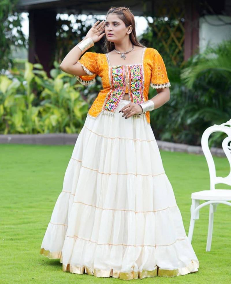 white silk blend plain mirror work circular lehenga Lehenga Choli for Navratri