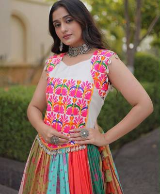 multicolor cotton-poly printed mirror work circular lehenga Lehenga Choli for Navratri 3