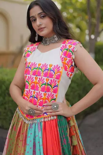 multicolor cotton-poly printed mirror work circular lehenga Lehenga Choli for Navratri