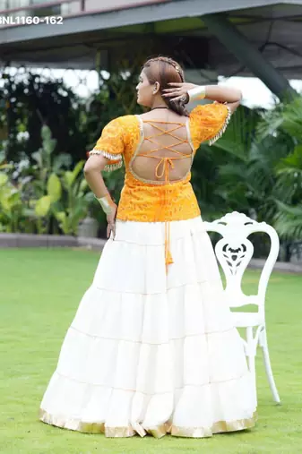 white silk blend plain mirror work circular lehenga Lehenga Choli for Navratri