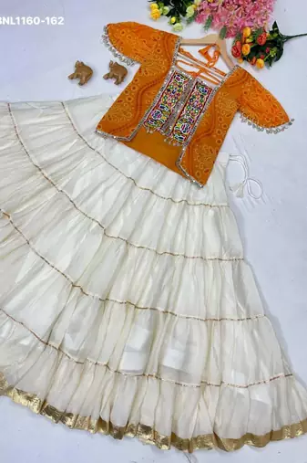 white silk blend plain mirror work circular lehenga Lehenga Choli for Navratri