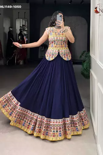 violet rayon printed patch work circular lehenga Lehenga Choli for Navratri