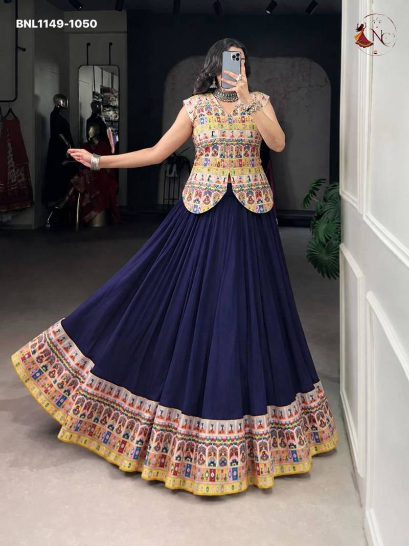 violet rayon printed patch work circular lehenga Lehenga Choli for Navratri