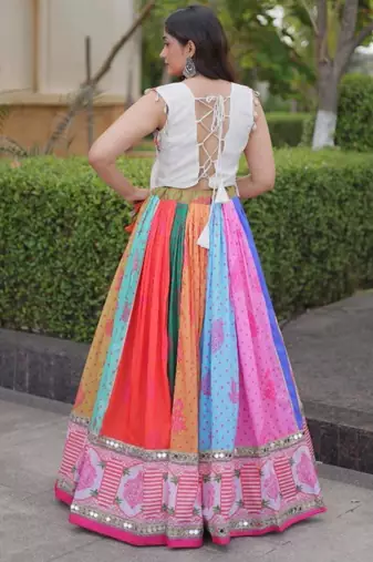 multicolor cotton-poly printed mirror work circular lehenga Lehenga Choli for Navratri