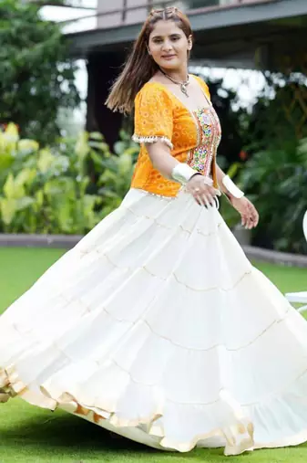 white silk blend plain mirror work circular lehenga Lehenga Choli for Navratri
