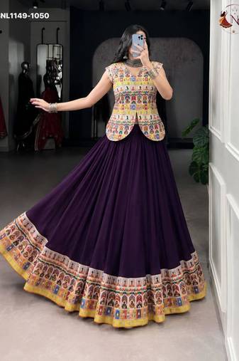 purple rayon printed patch work circular lehenga Lehenga Choli for Navratri