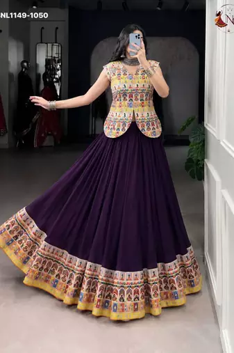 purple rayon printed patch work circular lehenga Lehenga Choli for Navratri