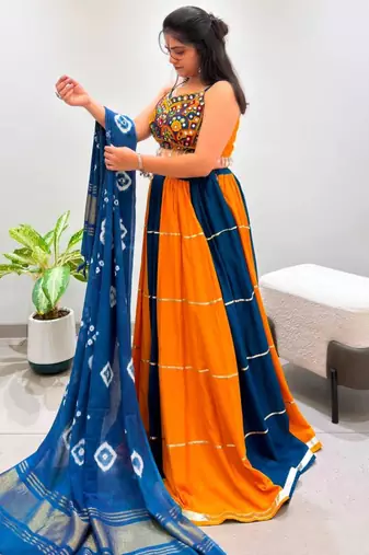 orange cotton-poly plain gota patti circular lehenga Lehenga Choli for Navratri- free size