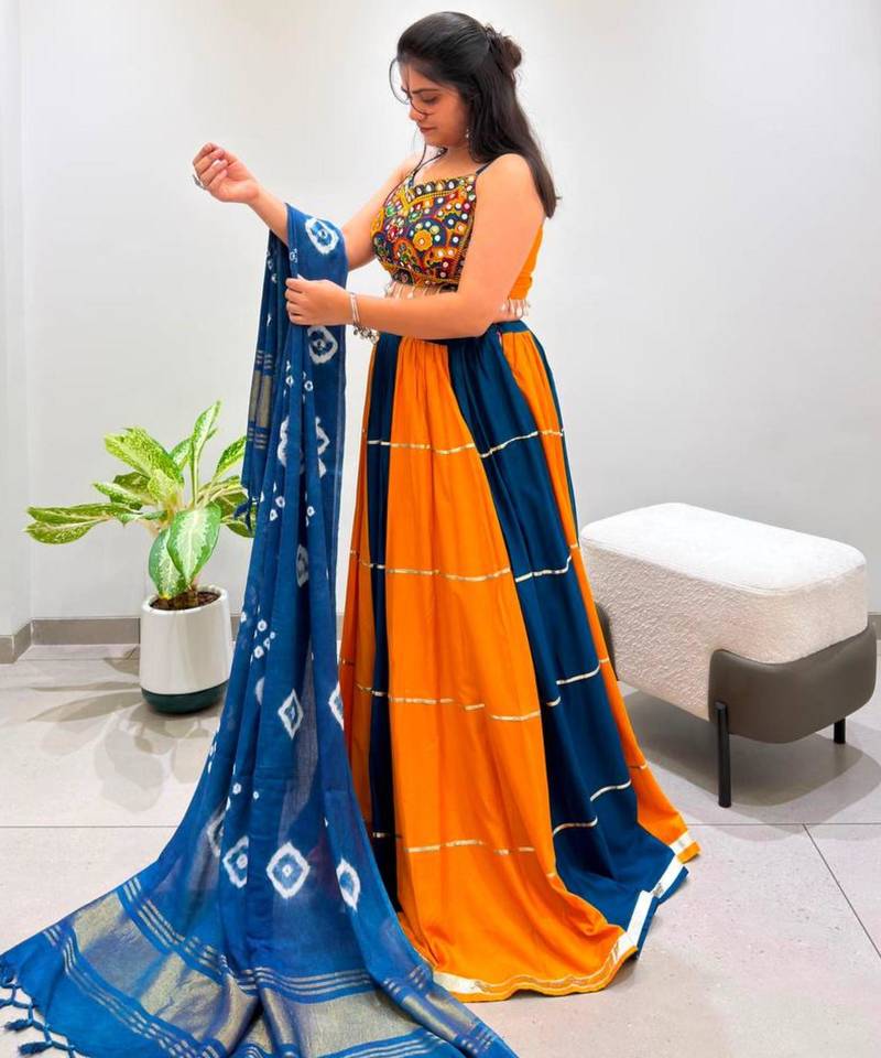 orange cotton-poly plain gota patti circular lehenga Lehenga Choli for Navratri- free size