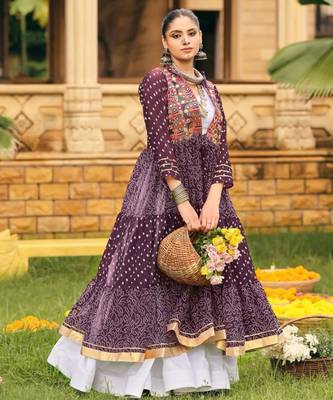 purple cotton-poly plain bandhej circular lehenga Lehenga Choli for Navratri- free size 1