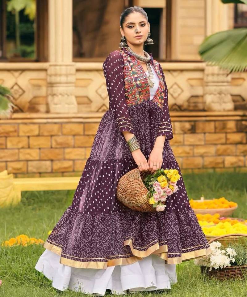 purple cotton-poly plain bandhej circular lehenga Lehenga Choli for Navratri- free size